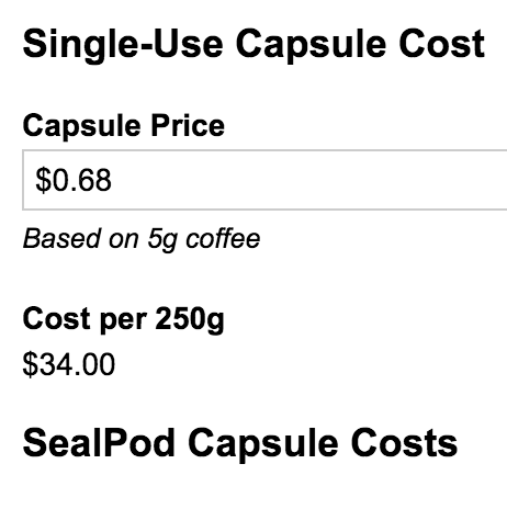 Coffee capsule cost calculator - reusable vs single-use Nespresso pods